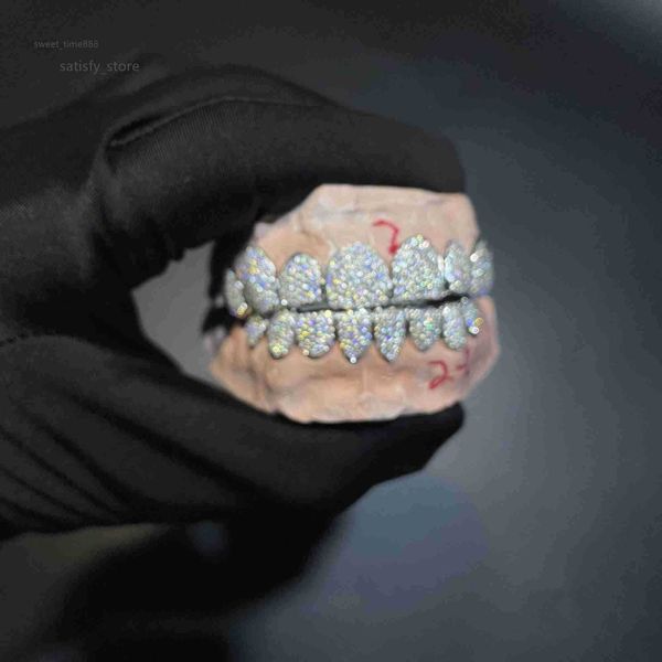 

custom made dental grills iced out sterling silver real gold jewelry zigzag setting vvs moissanite diamonds teeth grillz