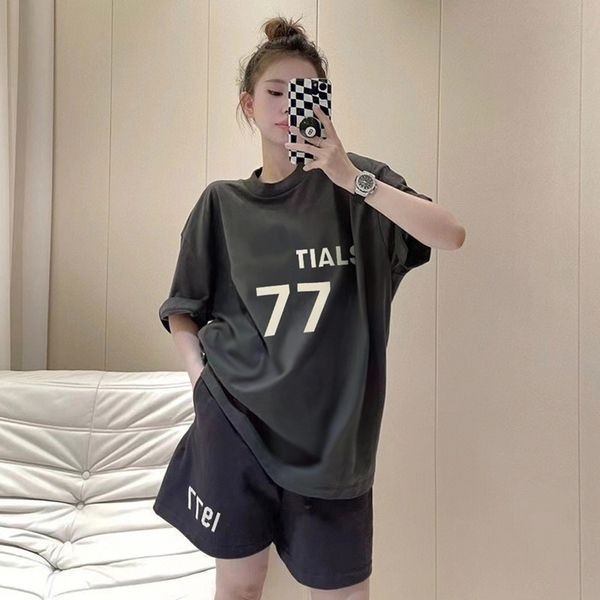 

es2023sential new brand t-shirt women's sign simple and low keyed essentialclothing letter logo round neck printed double 7, White