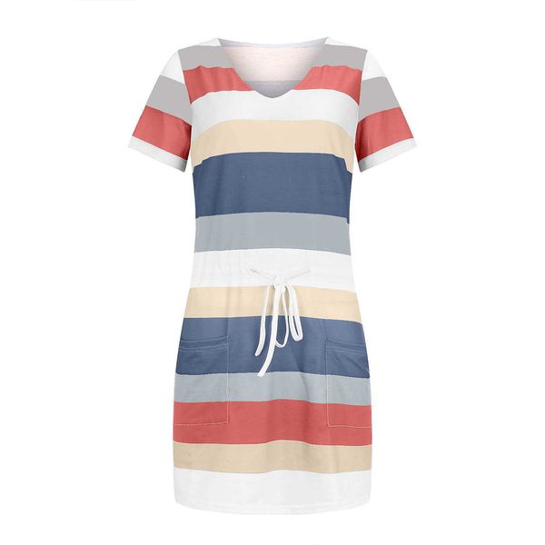 

summer new pocket stripe printed short sleeve dress1, White;black