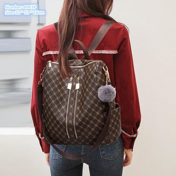 

Outlet factory shoulder bags 2 colors large capacity anti-theft double zipper travel backpack sweet fur ball pendant fashion handbag trend contrast leather bag 8943#, Brown