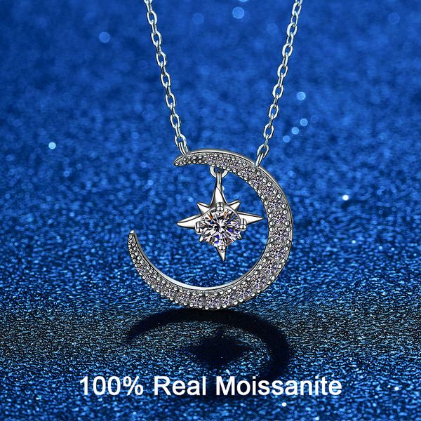 

strands strings real vvs1 necklace for women 925 sterling silver moon star 0.5 ct gra diamond pendant bridal fine jewelry 230625, Black
