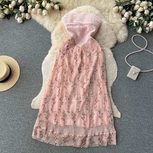 

celebrity party banquet dress summer french luxury sequin mesh splice bust off back dress, Black;gray