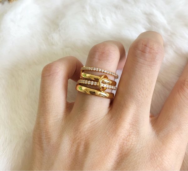 

solitaire ring brass with withe gold aaa zircon link chain ring jewlery designer t show club cocktail party rare japan korean ins 230625, Golden;silver