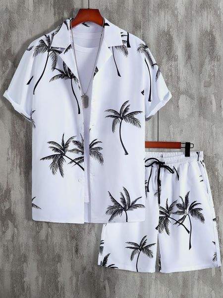 

men's tracksuits men random palm tree print shirt drawstring waist shorts without tee 230625, Gray