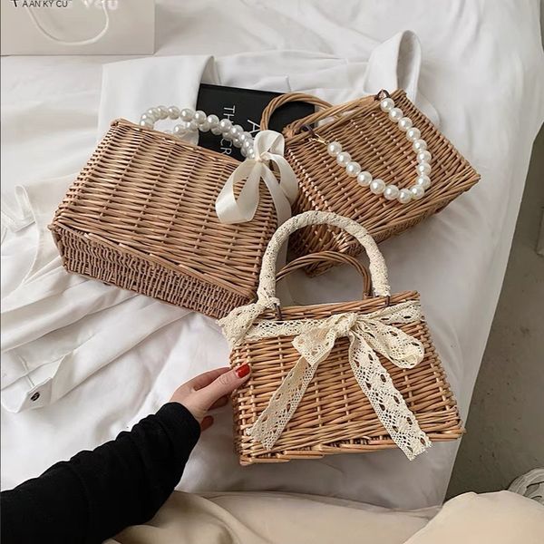 

evening bags straw for women square handbags summer rattan shoulder handmade knitted storge small bag 2023 fashion 230625