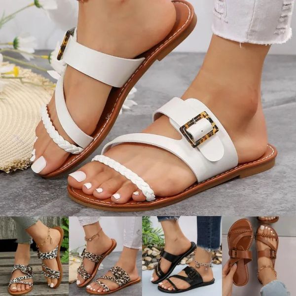 

sandals fashion buckle decor women retro rome cross straps slippers for flat bottom shoes zapatos, Black