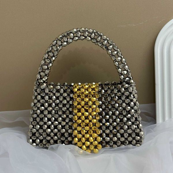 

minimalist design, small black gold stitching, contrasting color handbag, handmade woven bag, finished product, niche beaded handbag 230625