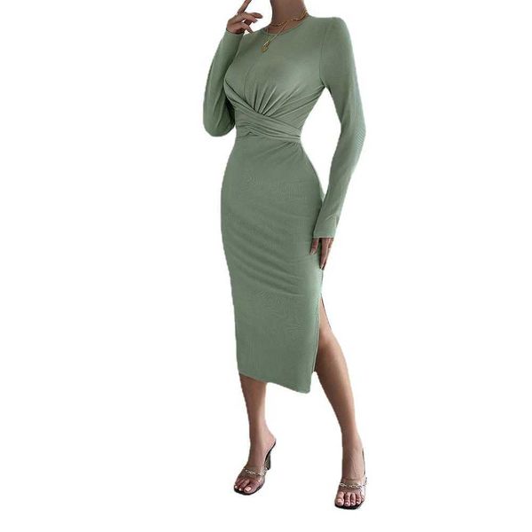 

2023 new round neck slim fit wrap hip mid length dress long sleeve1, White;black