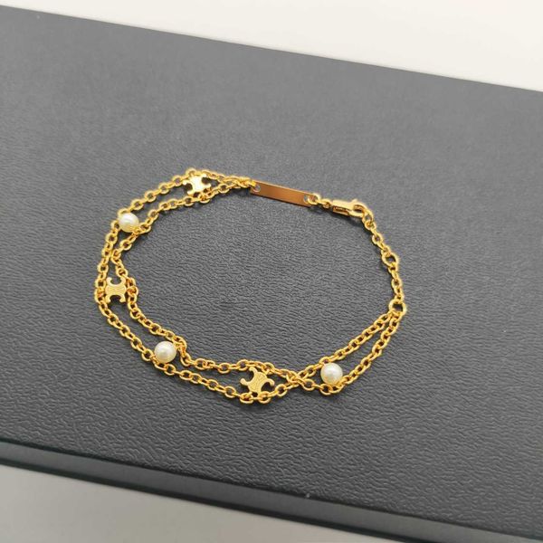 

2021 new ins wind brass gold plated fashion triumph pearl double layer bracelet, Golden;silver