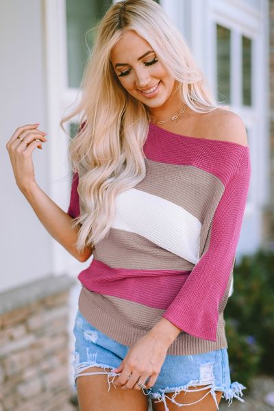 

new arrivals fast shipping rose contrast stripe knit half sleeve crewneck knitted women sweater, White;black