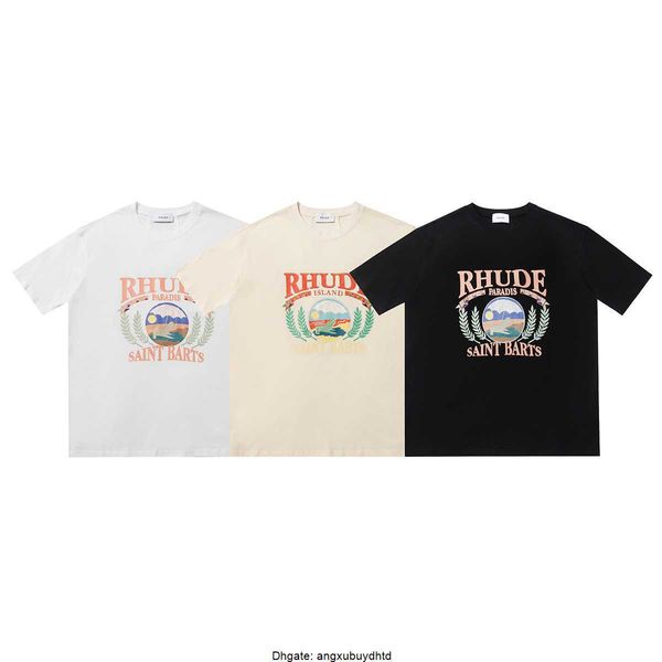 

classic men's t-shirts small beauty trend rhude sunset beach cozy pattern printing double yarn cotton casual loose short-sleeved t-shir, White;black