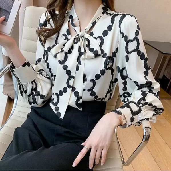 

designer lace-up bow luxury letter print women shirt lantern long sleeve chiffon blouse v-neck french button versatile base layer loose casu, White