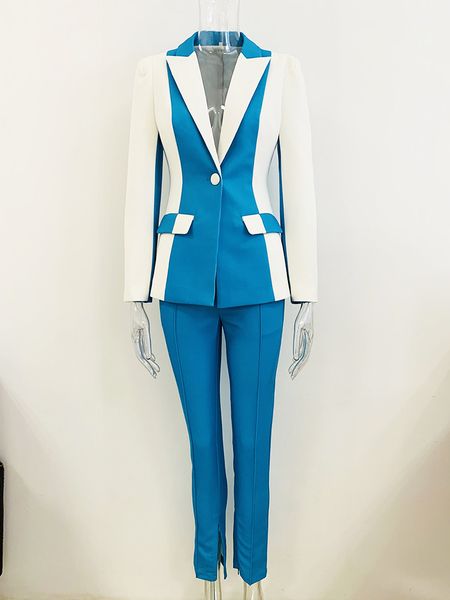 

high-quality office lady suits white stitching blue blazer and pants, White;black