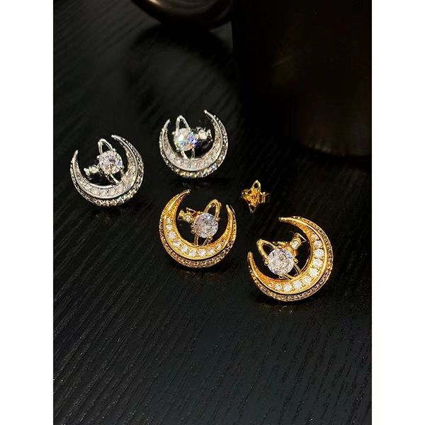 

fashion stud earrings womens diamond moon saturn earrings luxury designer jewelry women diamond wedding gifts222, Golden