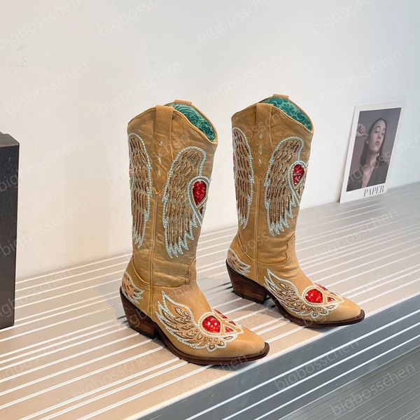 

luxury designer women's boots handmade western cowboy boots vintage embroidered floral pattern wings rivets thick heel leather ladies r, Black
