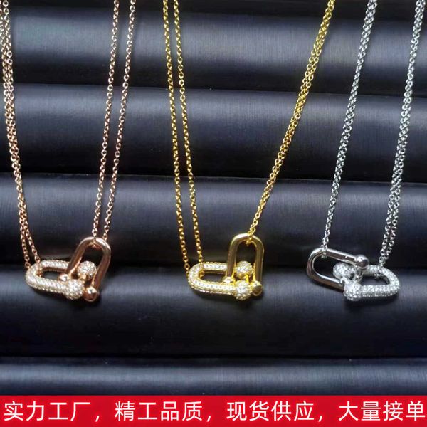 

tiffayffay double ring horseshoe chain necklace women's tiffaytanium steel double chain naked full diamond horseshoe interlocking neckl, Black