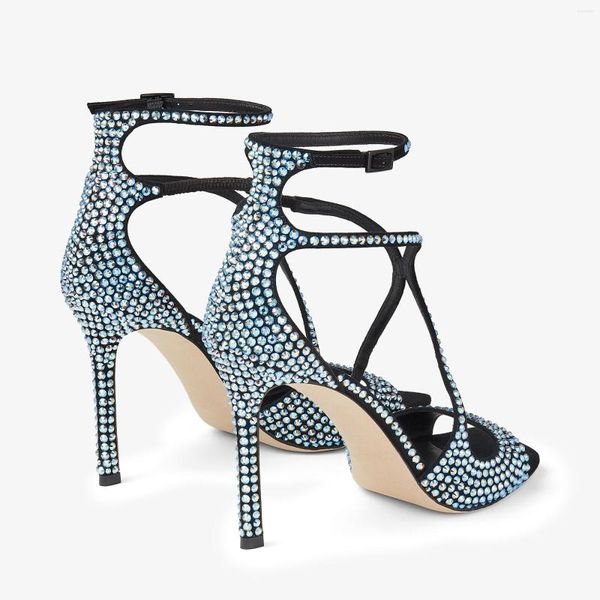 

sandals 2023 luxury rhinestone women ankle strap pumps shoes pointy toe crystal party stiletto hqs504, Black