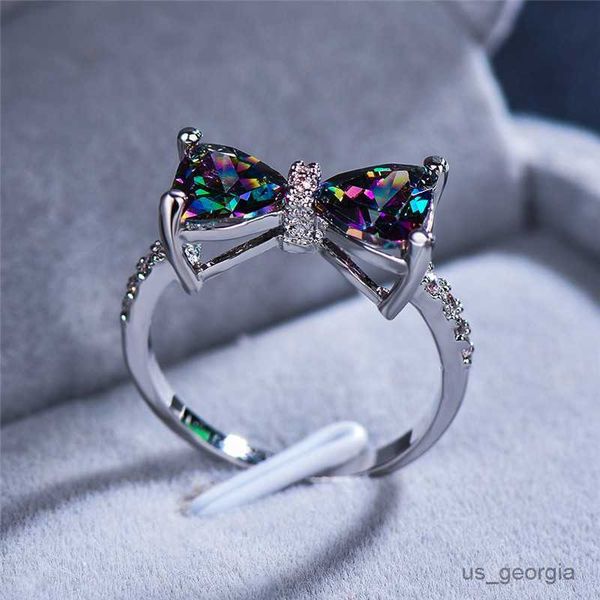 

band rings cute female big bowknot zircon stone ring simple purple blue red rainbow wedding ring rose gold love engagement ring r230625, Silver