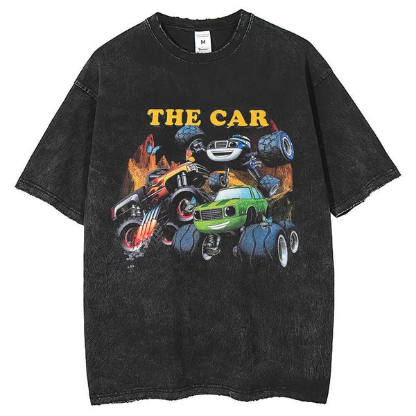 

fashion street t-shirt cartoon car pattern printed short sleeve t-shirt high street washed old top, White;black