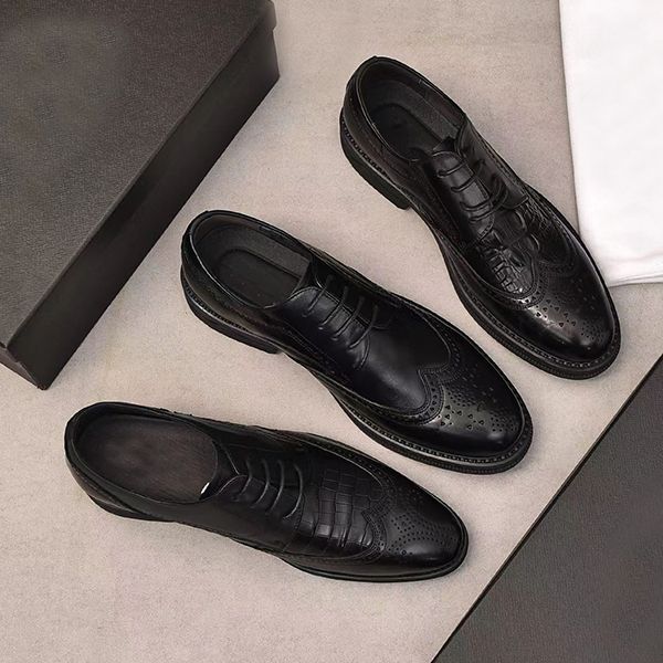 

designer style breathable dress shoes men's inner raise wedding groom cow leather father men's business soft sole breathable lace, Black