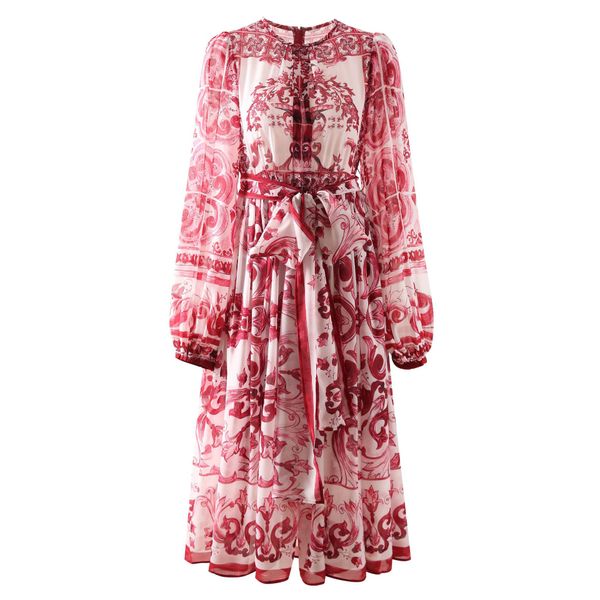 

high-quality retro style printed lantern sleeve holiday silk blend dress, Black
