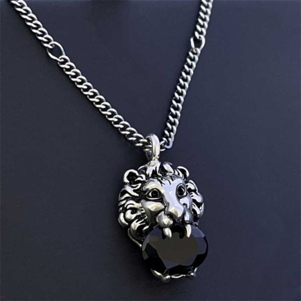 

2023 s925 silver gujia black crystal old solid lion head necklace for men and women couples fashion ins same style