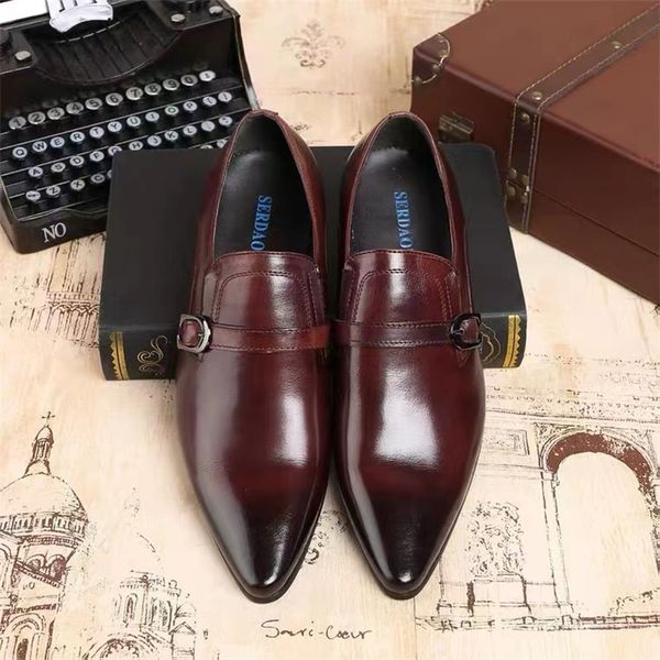 

luxury italy strap buckles genuine leather loafers men pointed toe dress shoes luxury slip on casual business shoes office shoes, Black