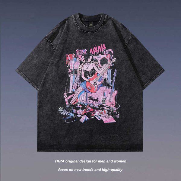 

tkpa street punk cartoon printing short-sleeved t-shirt for men and women vintage hip-hop half-sleeved t-shirt trend, White;black