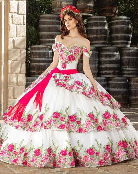

sweetheart bodice adorned charro quinceanera dresses off shoulder floral embroidery lace-up corset prom vestidos xv anos, Blue;red