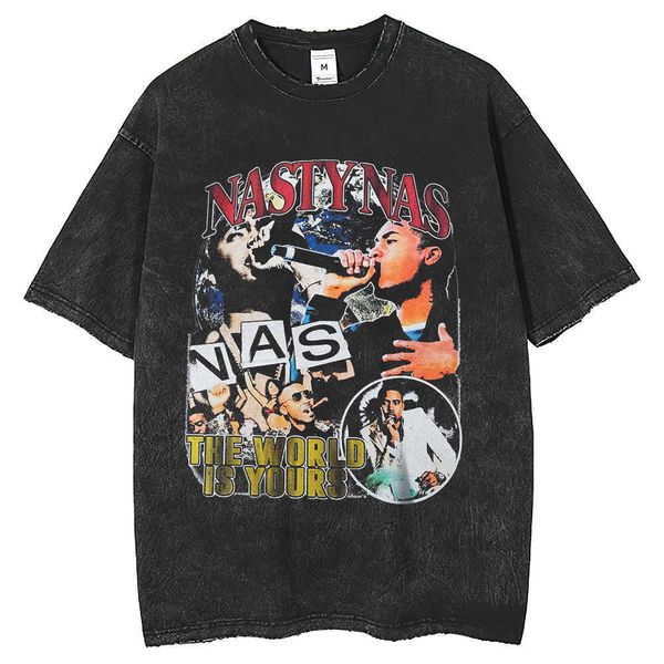 

spring/summer 250g washed and worn short sleeve t-shirt oversized rap singer print street fashion brand t-shirt, White;black