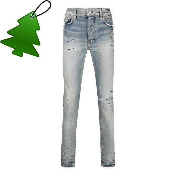

designer clothing denim pants amiiri's new worn one knee ripped jeans men's slim fit elastic little feet tide brand ins long pants, Blue