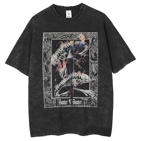 

anime printed street trendy t-shirt 250g washed and worn short sleeved oversized top, White;black
