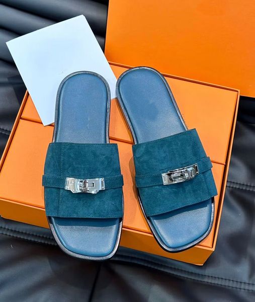 

2023s/s luxury gabriel sandals shoes calfskin leather men palladium-plated kelly buckle slippers slip on beach slide flats boy's flip f, Black