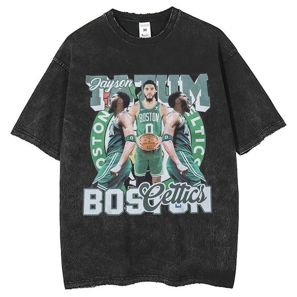 

street jason tatum short sleeve t-shirt loose washed old fashion sign, White;black