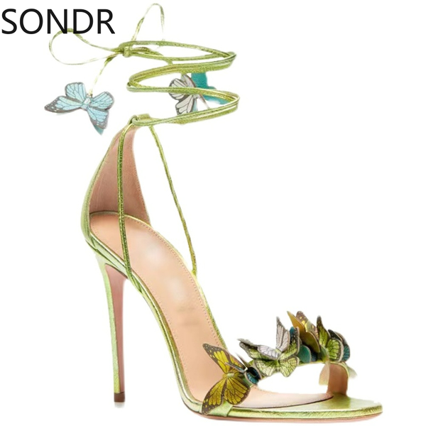 

womens peep toe stilettos high heel 3d butterfly colorful ankle straps pumps sandals shoes summer green red shoes footwear new, Black
