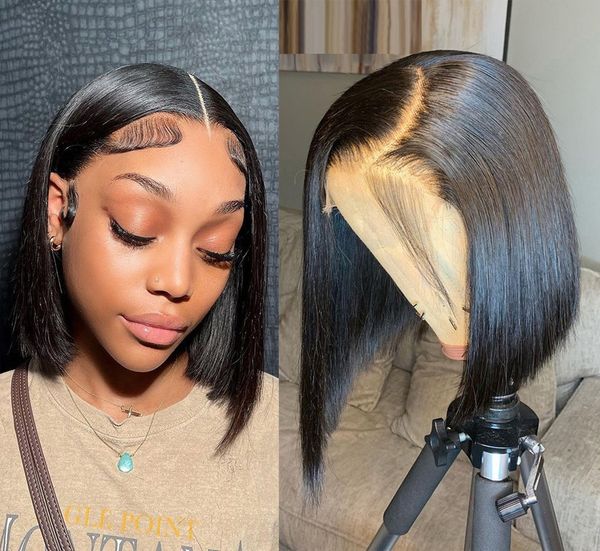 

13x4 lace frontal wig bob straight short wig lace front human hair wigs t-part glueless pre plucked wigs for woman, Black;brown