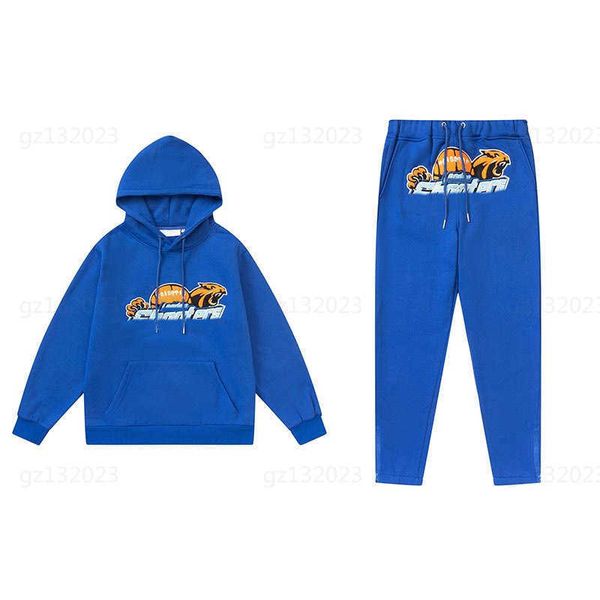 

trapstar blue tiger head suit mens tracksuit two piece set towel embroidery padded hooded sweater loose trendy padded casual pants men track, Gray