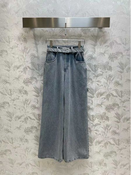 

designer jeans womens with a classic double f hardware logo belt accent high-waisted straight-legged wide-legged pant autumn long pants 0607, Blue