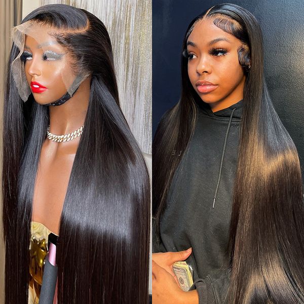 

13x4 lace front human human hair wig bone straight 13x6 hd transparent brazilian 30 inch 360 full human hair wigs for women, Black;brown