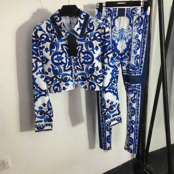 

23ss women tracksuit yoga suit womens designer clothing blue and white porcelain printed short long sleeve shirt stretch leggings set womens, Gray
