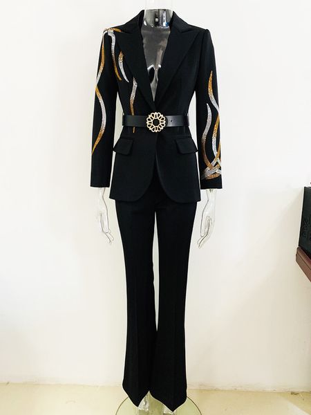 

high-quality office lady suits rhinestone belt blazer and flare pants, White;black