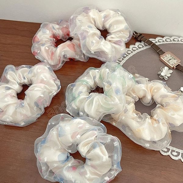 

fashion dot print organza hair scrunchies women big head rope retro ponytail hair rubber band elastic hair tie ponytail holder, Slivery;white