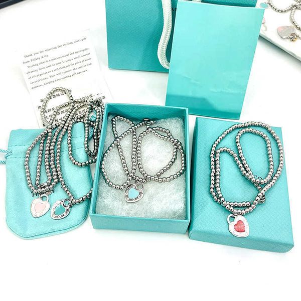 

selling jewelry tiffay love necklace girl enamel blue pink heart-shaped clavicle chain titanium steel round bead, Golden;silver