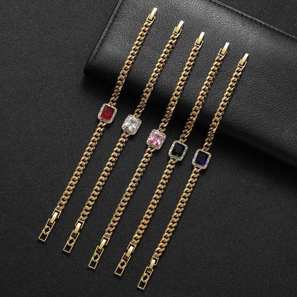 

7inch+1inch inch long boutique mens womens cuban chain bracelet adjustable extended buckle overlay hip hop copper prong colorful cubic zirco, Black