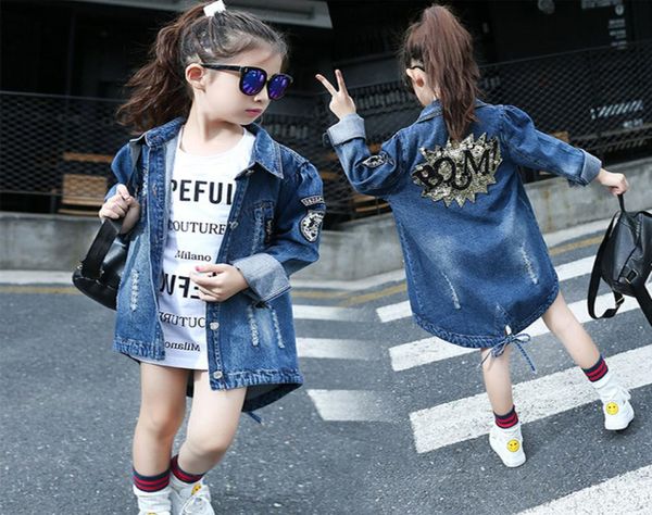

girls denim jackets jeans back shinny flower pattern children cowboy long style dress coat 1201608180439, Blue;gray