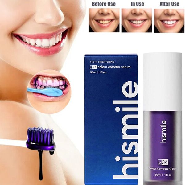 

hismile v34 foam colour corrector, tooth stain removal, teeth whitening booster, purple shampoo toothpaste, colour correcting