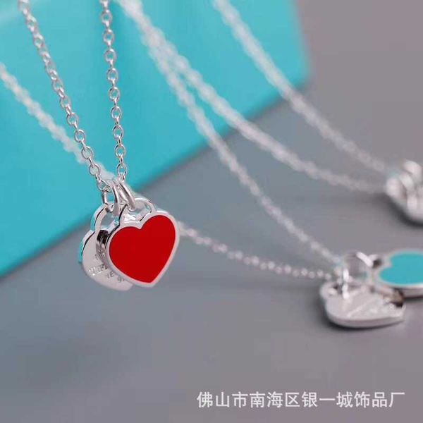 

high-quality tiffay 925 sterling silver precision classic entry level pink red blue two heart enamel necklace collar chain, Golden;silver