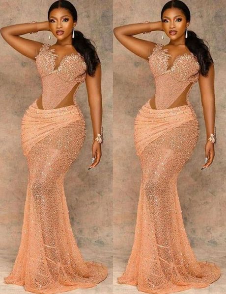 

2021 plus size arabic aso ebi mermaid gold lace prom dresses sheer neck beaded evening formal party second reception gowns dress z8820570, Black