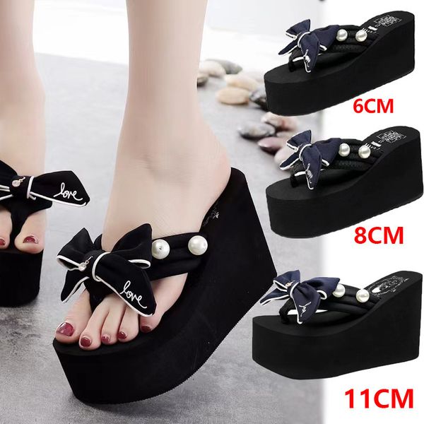 

slippers 6811cm super high heel flip flop handcrafted pearl bow slip on seaside slides holiday travel fashion women's black beach shoes