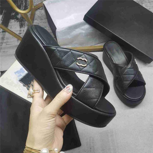 

summer popular women sandals 2023 channel luxury brand business dress wedding party leather high heels casual flat slipper 016-016, Black